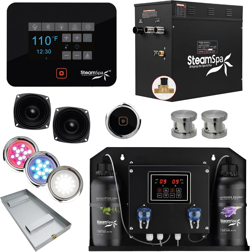 Steam Shower Generator Kit | Brushed Nickel + Auto Drain Combo|Dual Bottle Aroma Oil Pump | Steam Sauna Spa Stall Package|Touch Screen Wifi App/BT Control Panel |12 kW Raven | RVB1200BN-ADP