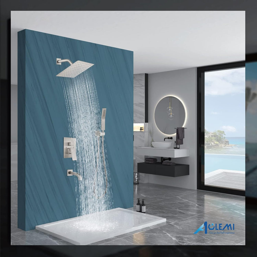 Aolemi Rainfall Shower System Shower Head Combo Set with Tub Filler Handheld Shower Luxury Rough-in Valve Included Wall Mount Bathroom Shower Mixer Faucet 8 Inch Shower Head Brushed Nickel