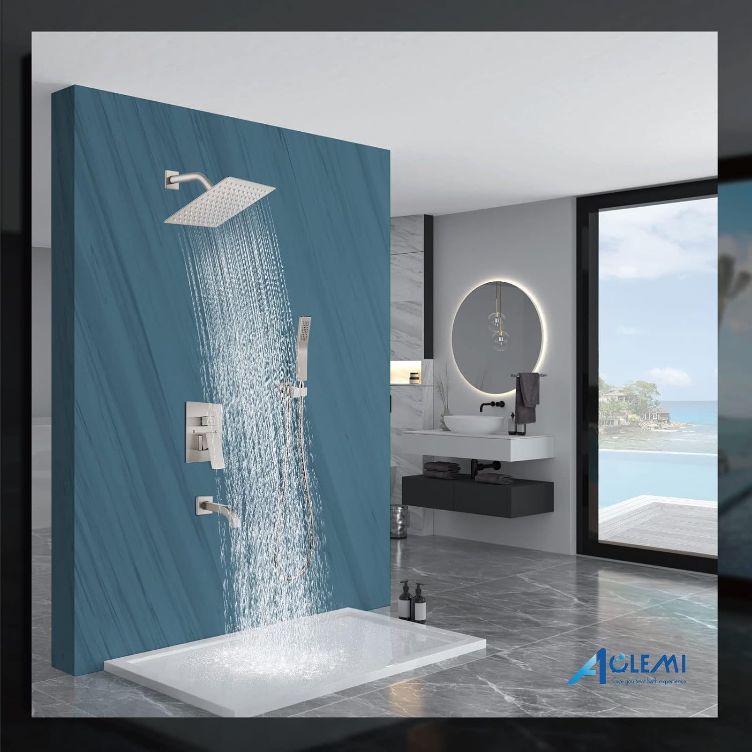 Aolemi Rainfall Shower System Shower Head Combo Set with Tub Filler Handheld Shower Luxury Rough-in Valve Included Wall Mount Bathroom Shower Mixer Faucet 8 Inch Shower Head Brushed Nickel