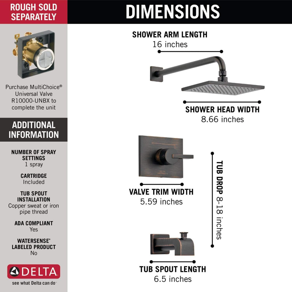 Delta Faucet Vero 14 Series Single-Function Tub and Shower Trim Kit with Single-Spray Touch-Clean Rain Shower Head, Venetian Bronze T14253-RB (Valve Not Included)