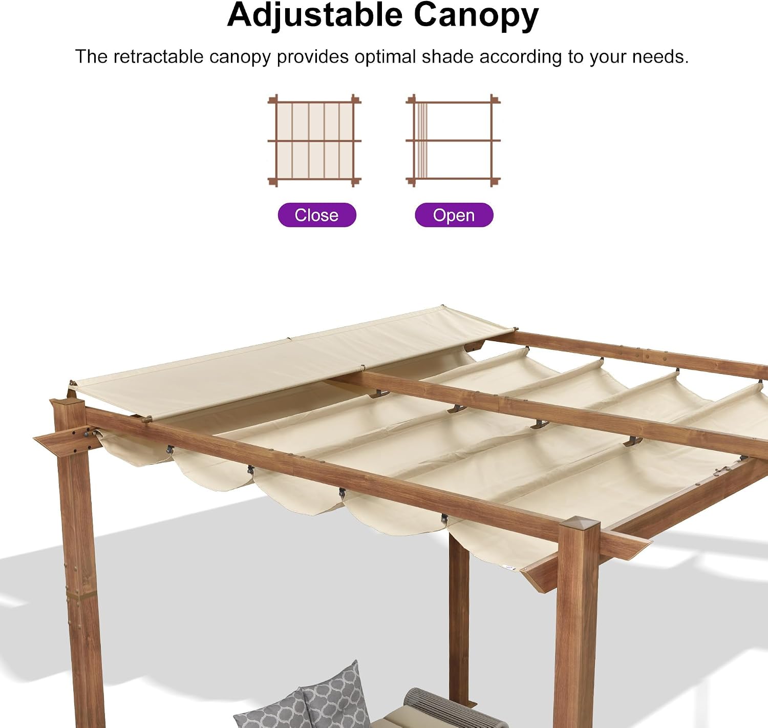 PURPLE LEAF 10' x 10' Outdoor Retractable Pergola with Sun Shade Canopy Patio Metal Shelter for Garden Porch Pavilion Natural Wood Grain Frame Modern Yard Grill Pergola with 12 LED Lights Khaki