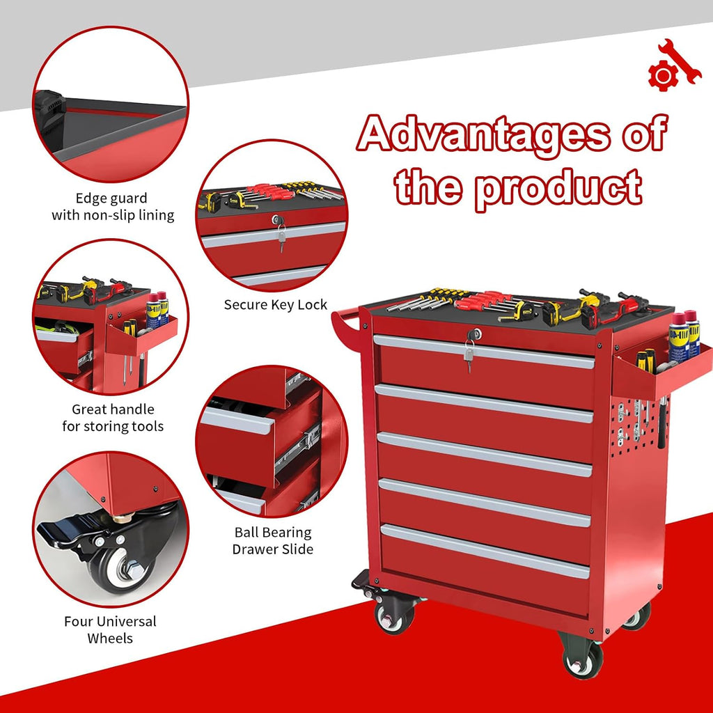 Rolling Tool Chest with Wheels, 5 Drawers Tool Storage Cabinet, Portable Metal Tool Box Organizer with Lock, Tool Cart on Wheels Toolbox Workbench for Garage, Workshop, Warehouse(Required Assembly)