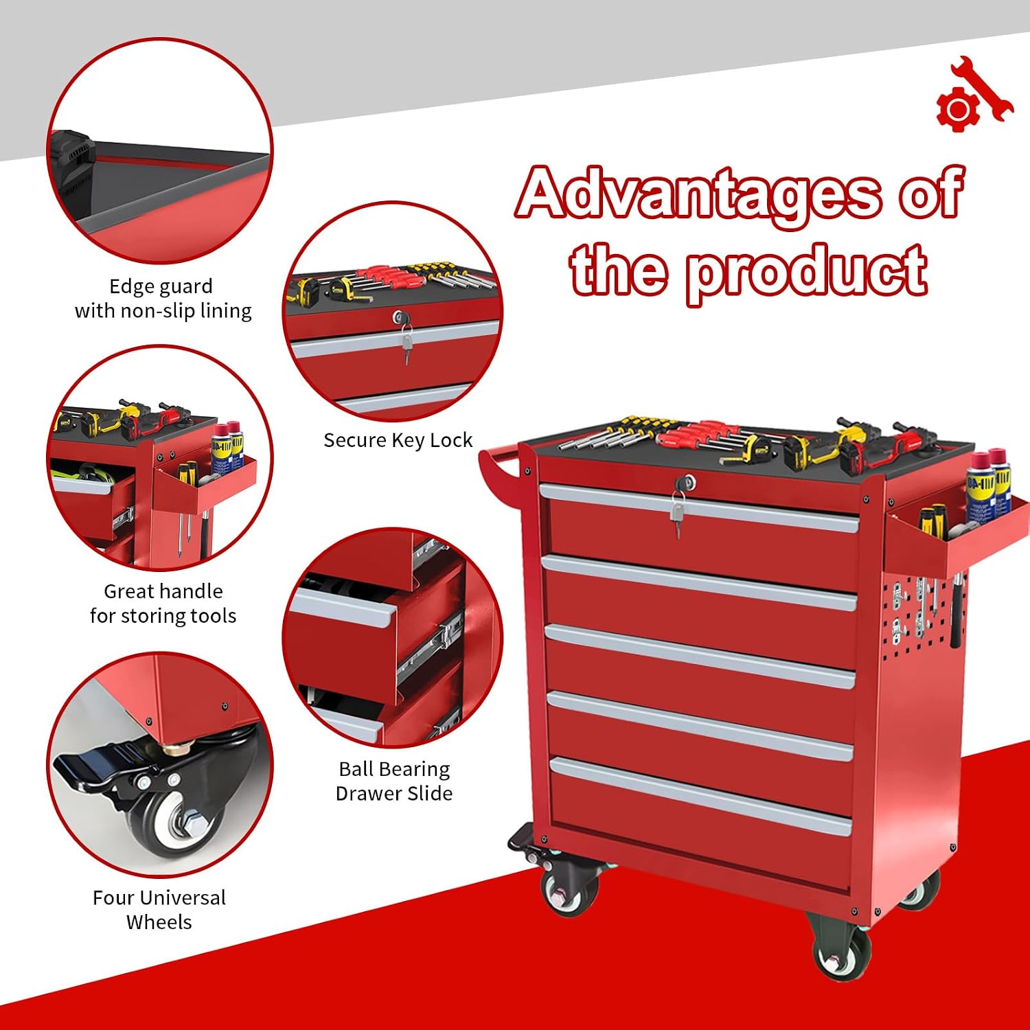 Rolling Tool Chest with Wheels, 5 Drawers Tool Storage Cabinet, Portable Metal Tool Box Organizer with Lock, Tool Cart on Wheels Toolbox Workbench for Garage, Workshop, Warehouse(Required Assembly)