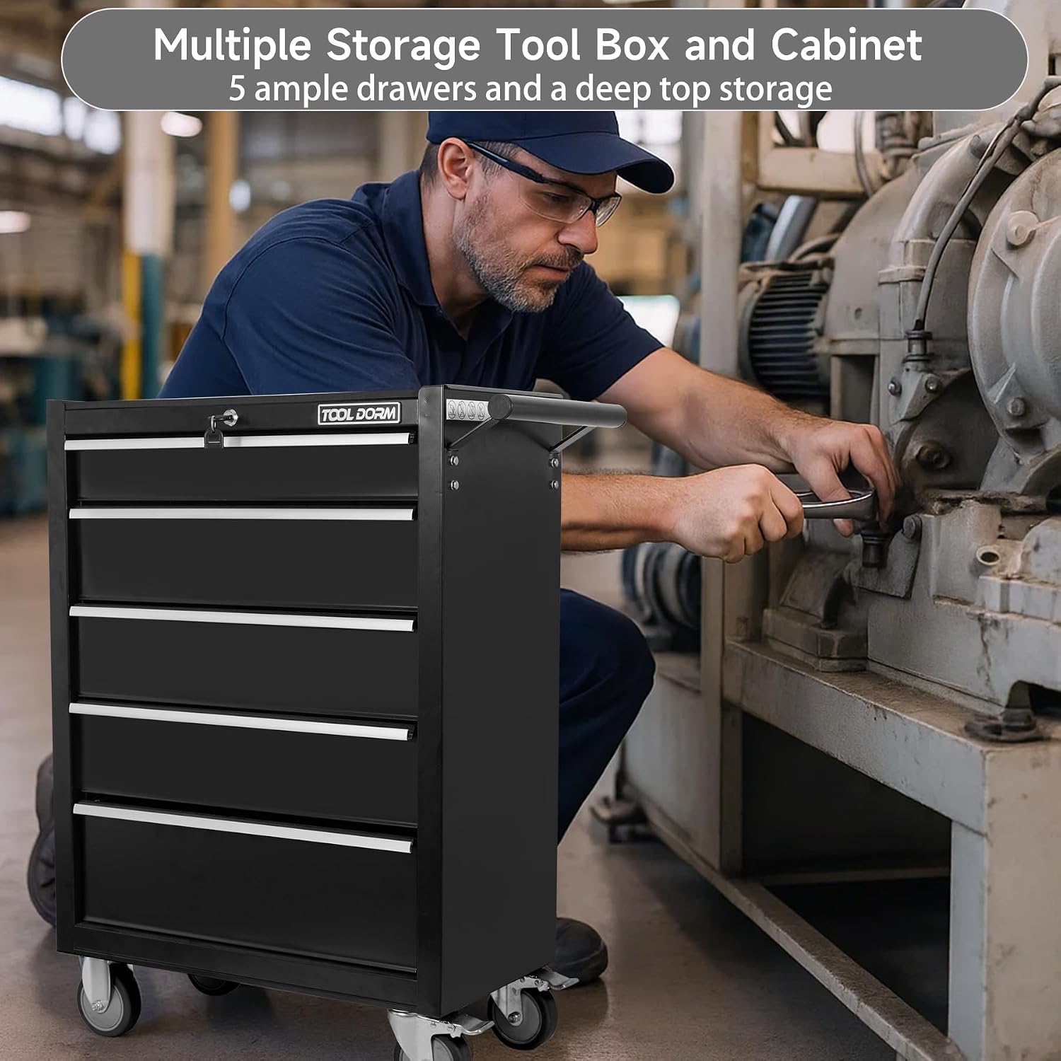 5-Drawer Rolling Tool Chest with Locking Wheels & Drawers, 13' D x 24.2' W x 34.6' H Mobile Tool Storage Cabinet, Heavy-Duty Garage Organizer w/Ergonomic Handle