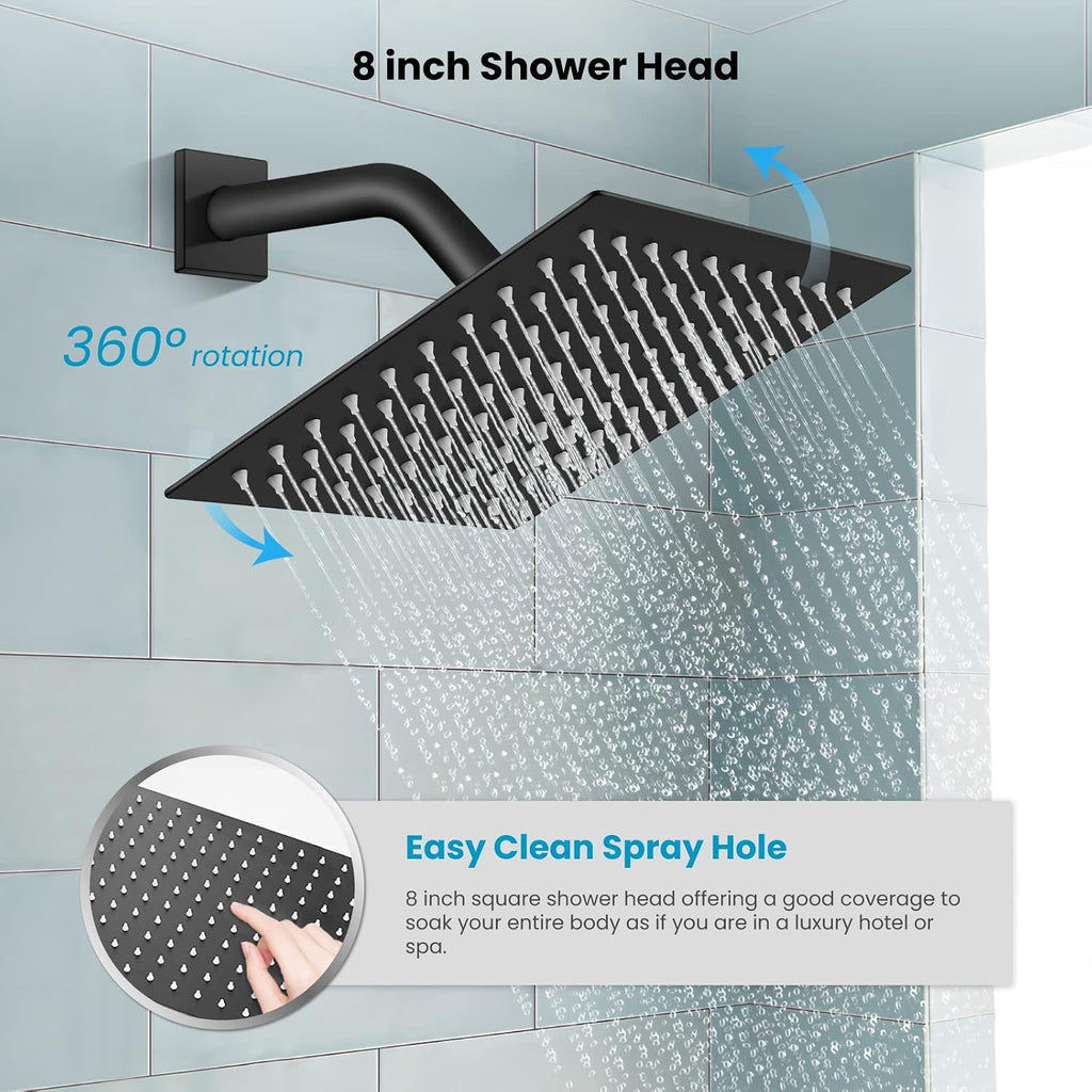 gotonovo Rainfall Bathroom Shower System Rain Shower Head and Handle Set Wall Mounted Shower Complete Combo Solid Brass Pressure Balancing Shower Mixer Valve 8 Inch Matte Black