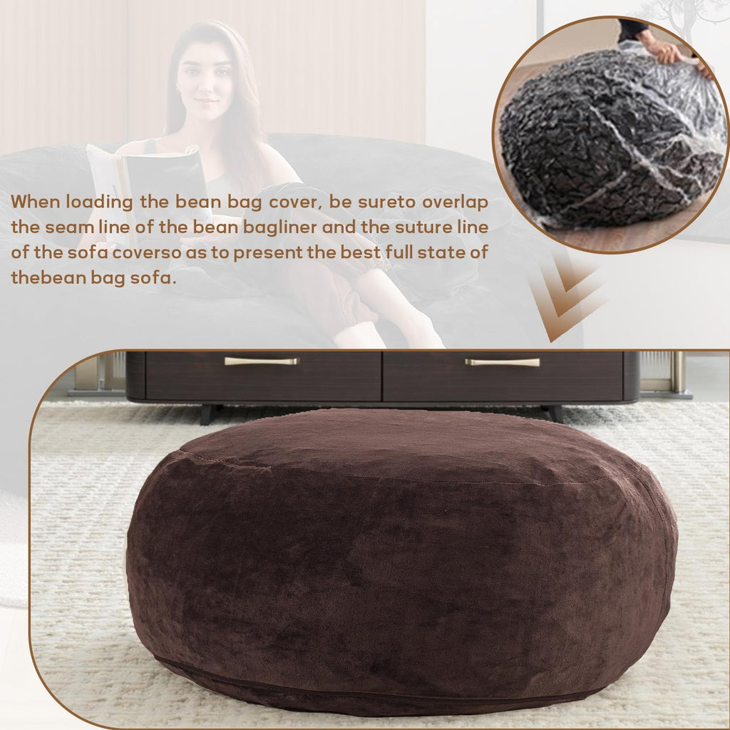 6FT,oversized bean bag chairs for adults，bean bag chair with filler included，Giant bean bag chair covered with flannel cover, living room furniture, suitable for bedroom and dormitory. (Brown, 6 Foot)