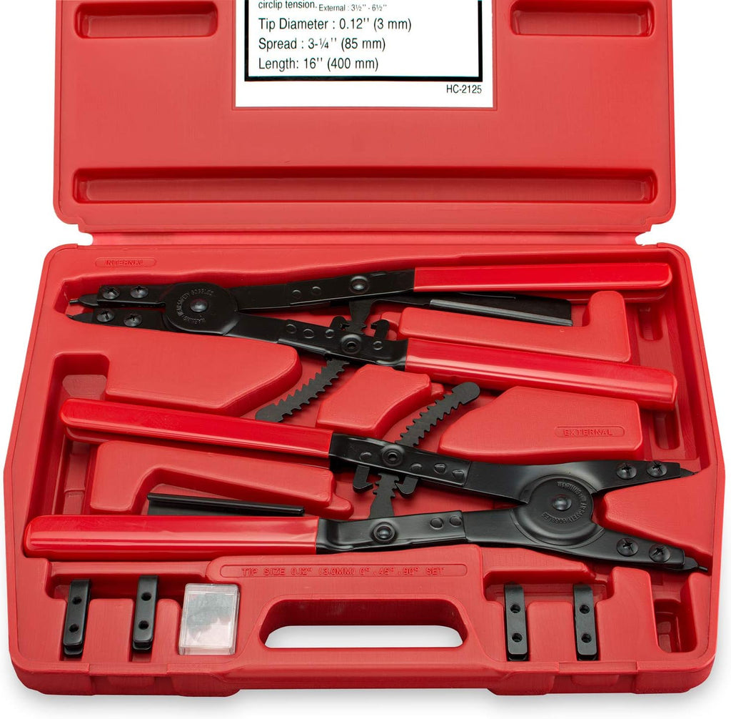 Neiko 02130A Heavy Duty 16' Snap Ring Plier Set, 2 Piece, External and Internal Pliers, Straight, 45°, 90° Tips