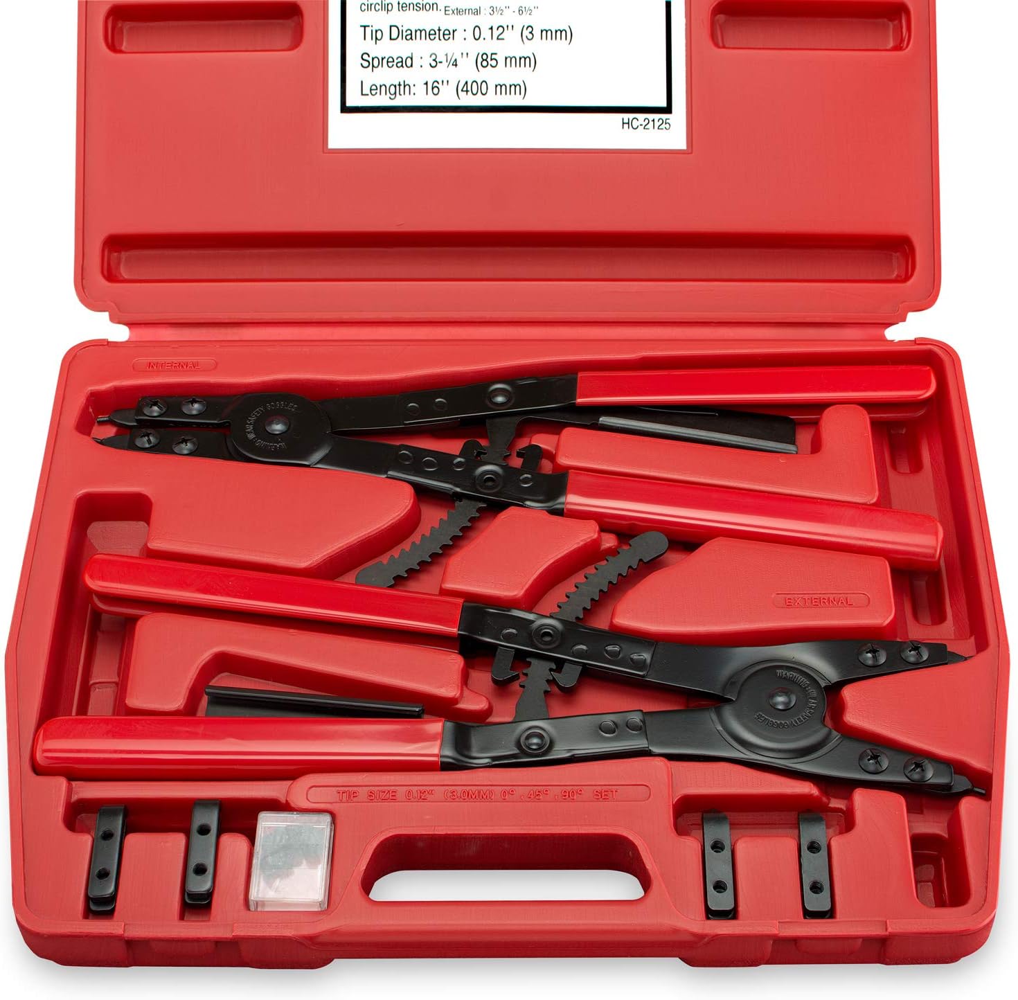 Neiko 02130A Heavy Duty 16' Snap Ring Plier Set, 2 Piece, External and Internal Pliers, Straight, 45°, 90° Tips