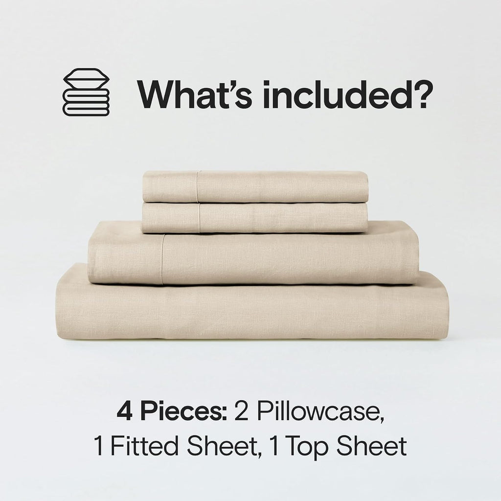 Sijo Stone Washed Organic French Linen Bed Sheet Set, GOTS Certified Organic, Best Cooling Linen Sheet Award by Sleep Foundation, 4 Piece - 2 Pillowcases, 1 Fitted and 1 Flat (Classic, Queen)