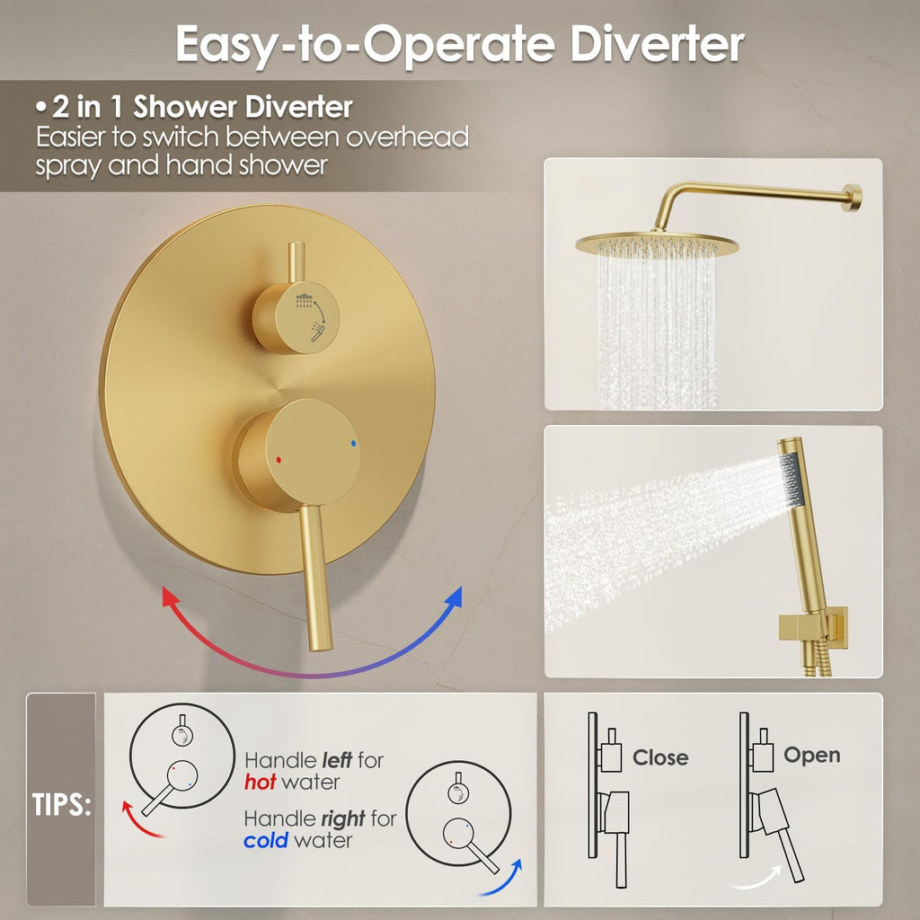 Gabrylly Brushed Gold Shower System with Rough-in Valve, 10 Inch Wall Mounted High Pressure Rainfall Shower Head with Handheld Combo, Luxury All Metal Bathroom Shower Faucet Fixtures Complete Set