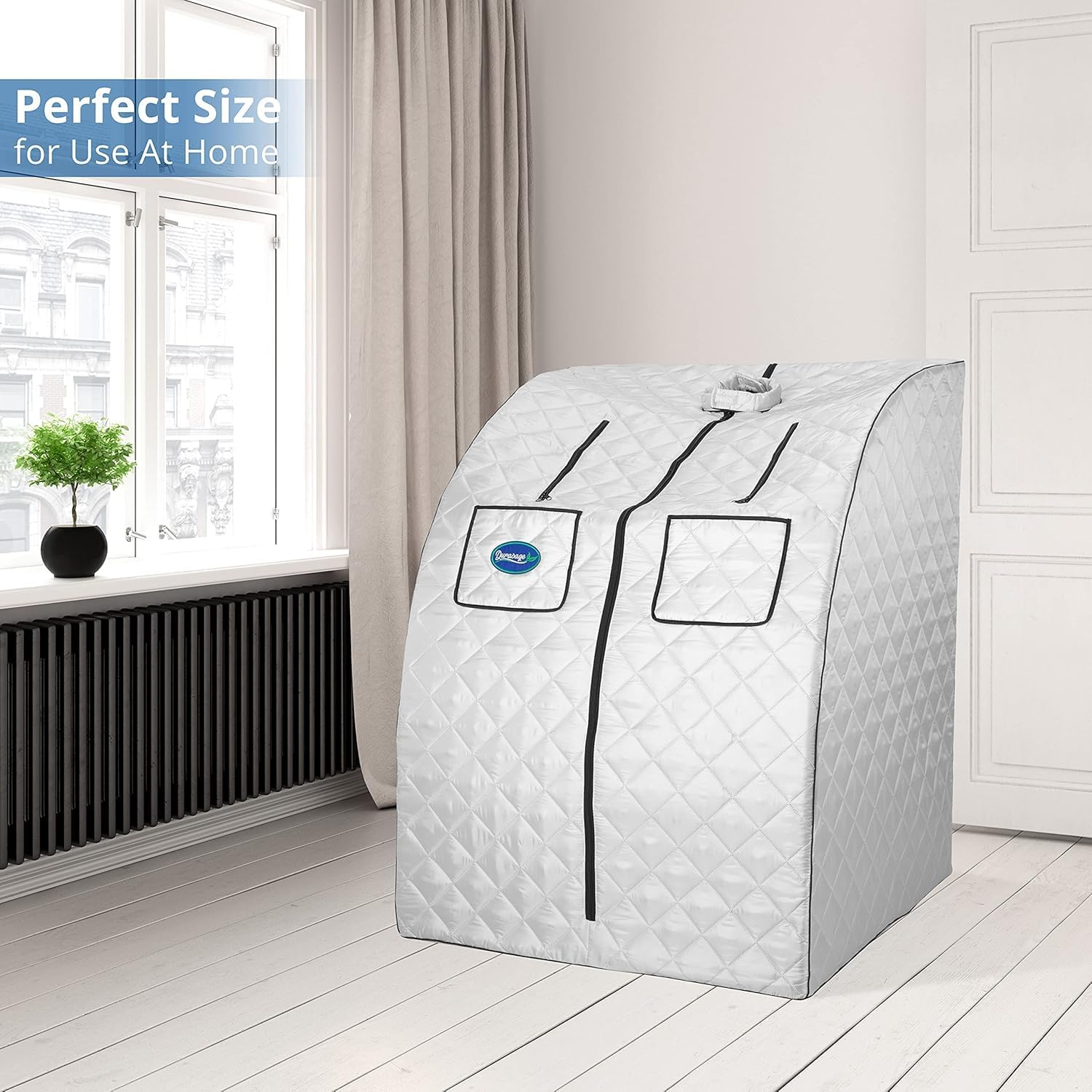 Durasage Oversized Portable Personal Steam Sauna Spa with 800W Steam Generator, 60-Minute Timer, Dual Pockets, Zippered Hand Openings & Chair for at-Home Relaxation (Silver, 33'x31.5'x41')