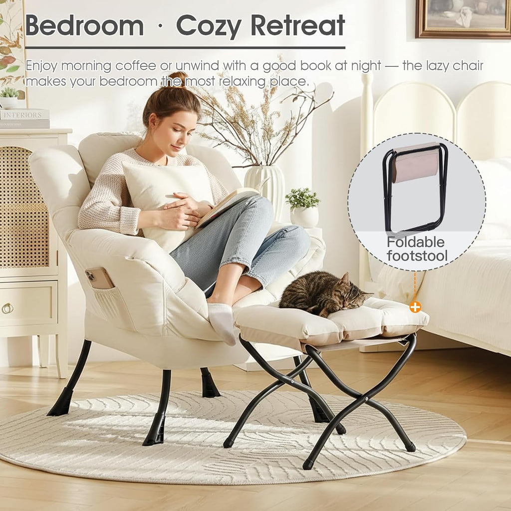 Lvory Lazy Chair with Ottoman, Large Velvet Accent Chair with a Throw Pillow, Comfy Leisure Sofa Chair for Living Room Bedroom Dorm Room Office Apartment Reading Relaxing Use