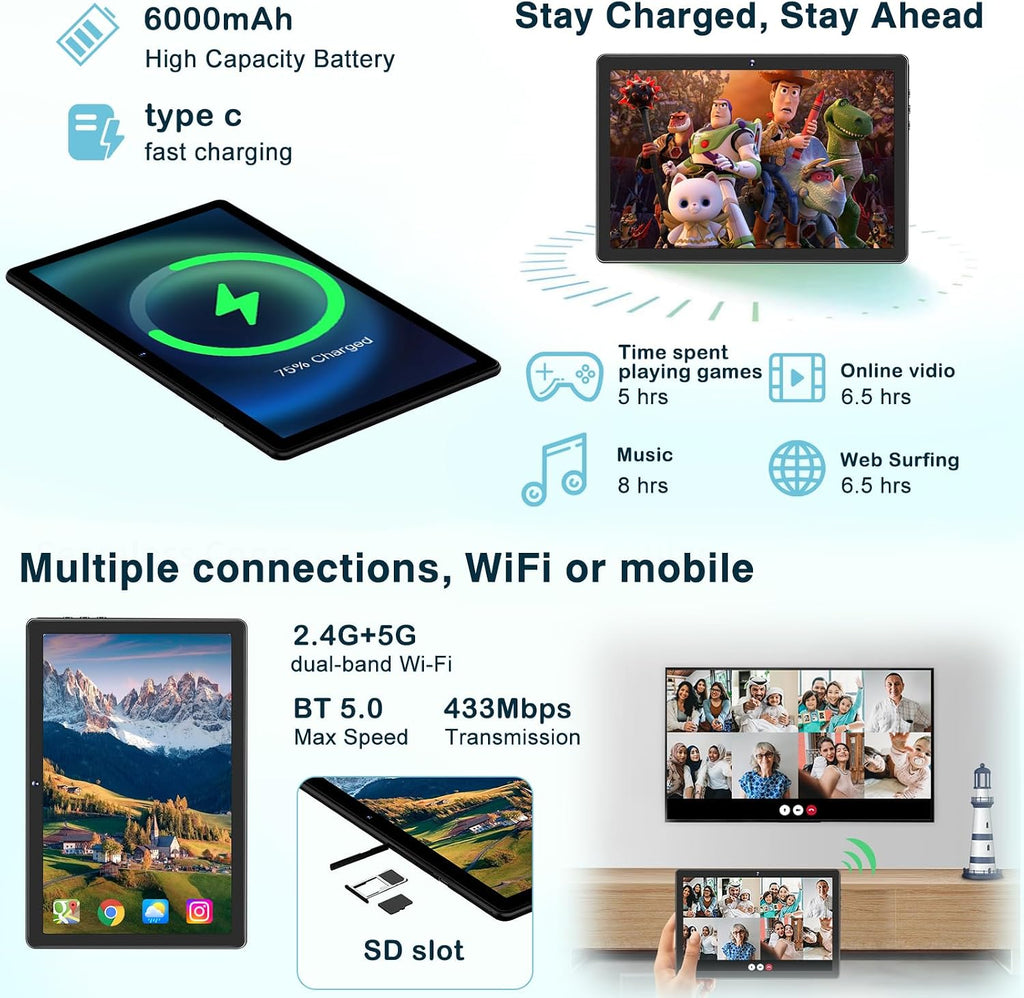 2024 Newest Tablet 10 Inch 12GB RAM+128GB ROM(1TB TF) Tablet Family/Tablet Kids, Andorid 13 GMS, WiFi 5G+2.4G, Cores 2.0Ghz, Bluetooth 5.0, 6000mAh, 8+5MP, Kids Space, Play Store, con EVA Case - Black
