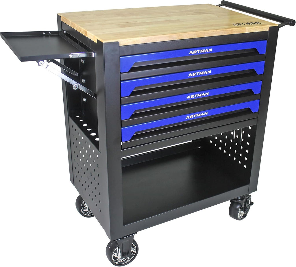 Rolling Tool Cart with 4-Drawer Wood Top Utility Tool Chest on Wheels Mechanic Tool Storage Organizer Cabinet for Garage, Warehouse, Workshop, Repair Shop (Blue)