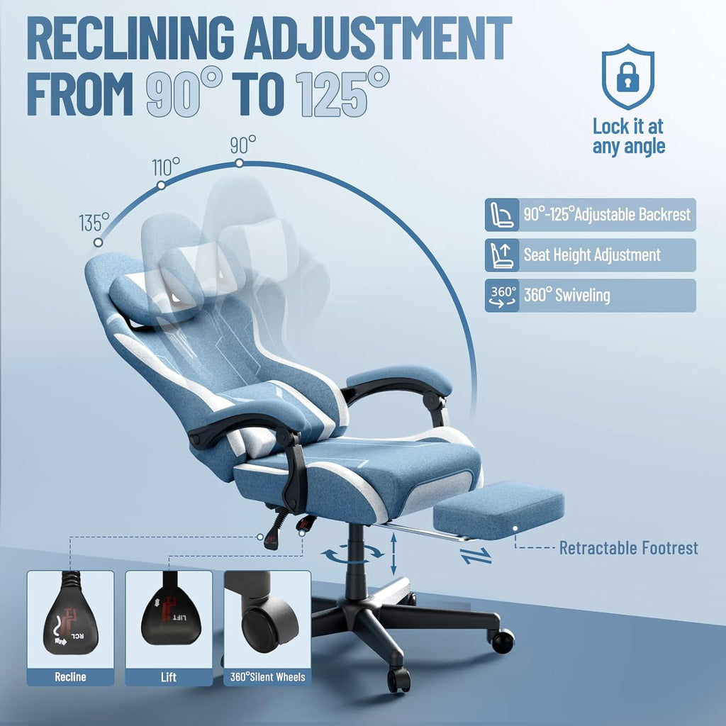 Ferghana Gaming Chair, Cloth Fabric Ergonomic Computer Chair with Massage Lumbar Support, High Back Office Game Chair with Footrest and Linkage Armrest for Adult, Blue/White
