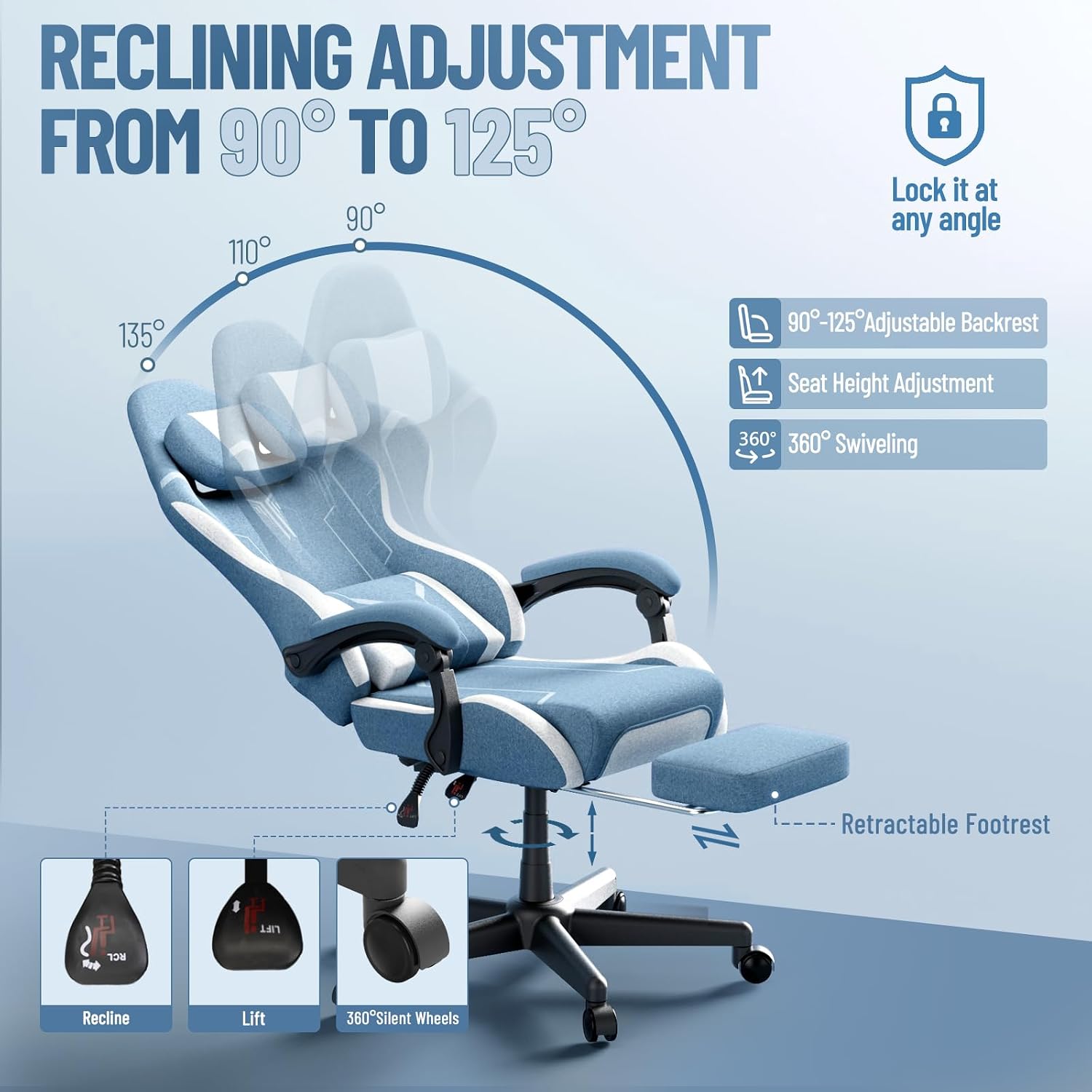 Ferghana Gaming Chair, Cloth Fabric Ergonomic Computer Chair with Massage Lumbar Support, High Back Office Game Chair with Footrest and Linkage Armrest for Adult, Blue/White