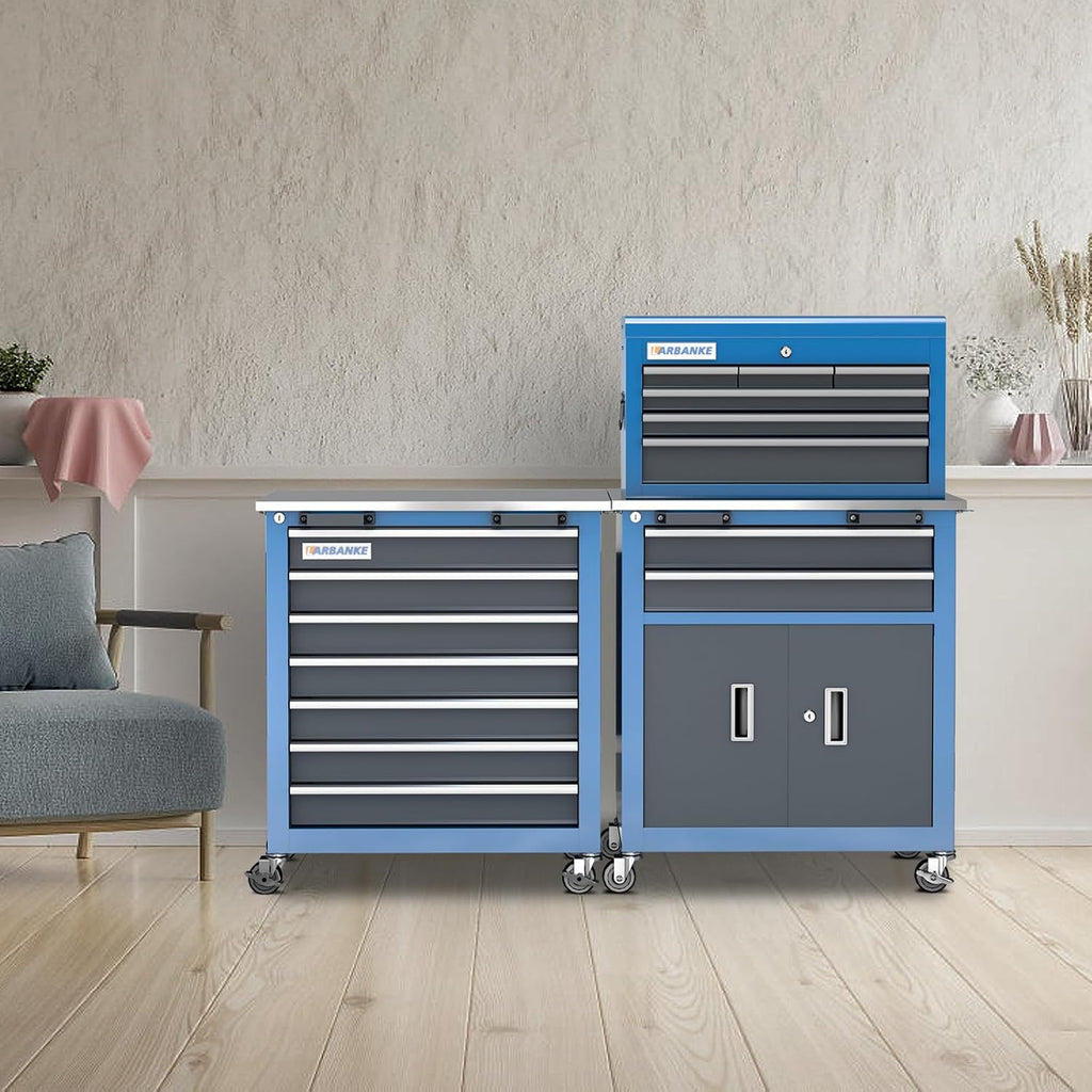 Rolling Tool Chest with Connection Buckle,7-Drawer Tool Chest and 8-Drawer Tool Box with Metal Stainless Tabletop,Locking System Storage Tool Cabinet with 360° Brake Swivel Wheels and Foot Pad