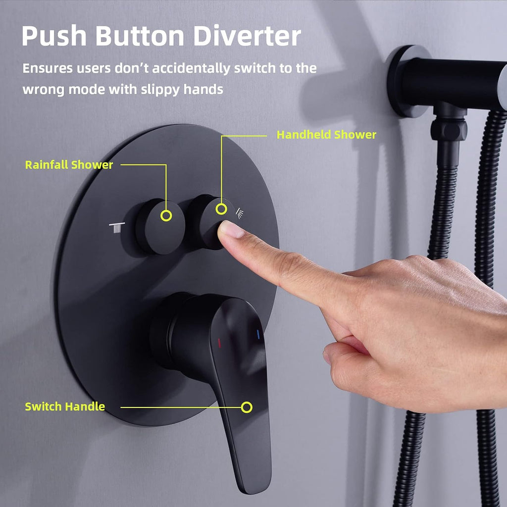 TRUSTMI 10 Inch Matte Black Shower System Push Button Diverter Wall Mounted Round Rainfall and Handheld Shower Trim Kit with Valve (Pressure Balance)