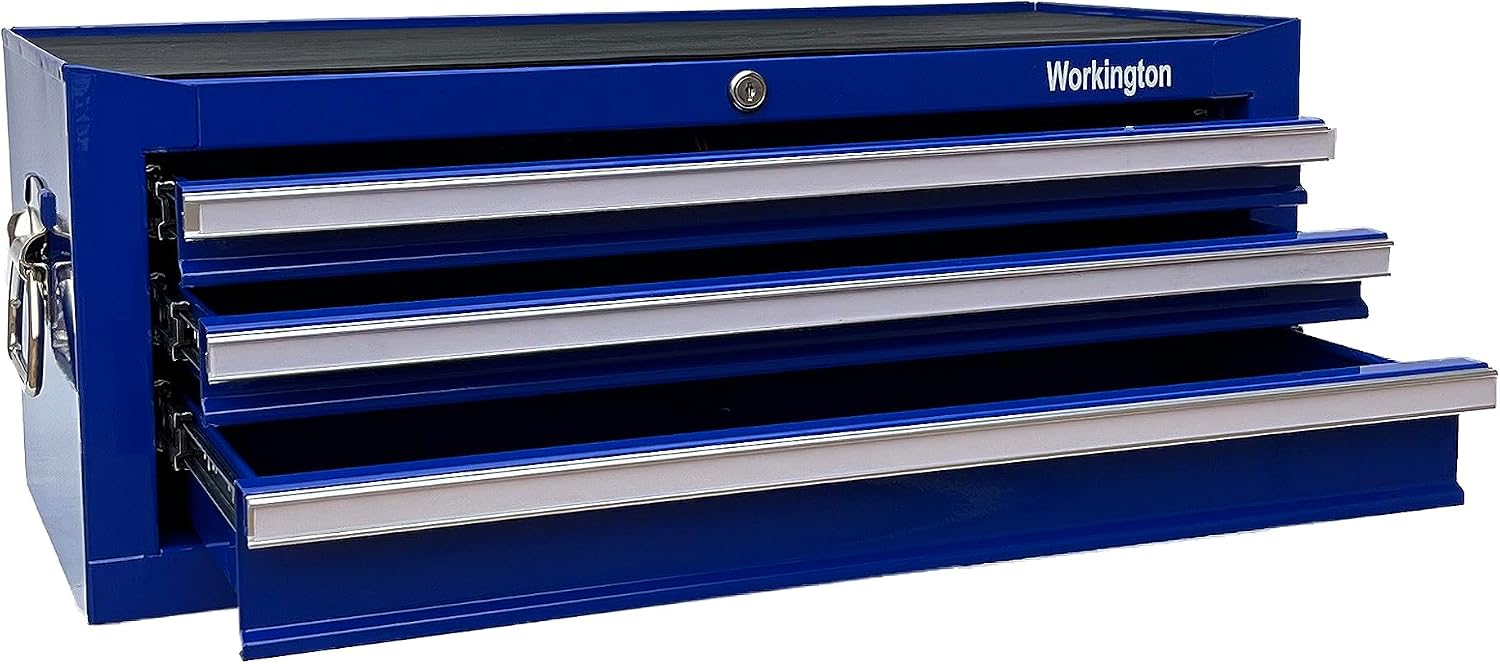 Workington Industrial 3 Drawers Portable Metal Intermediate Box, 26' Middle Tool Chest Cabinet with Ball Bearing Drawer Slides, Steel Tool Storage Box Organizer 4009 Blue