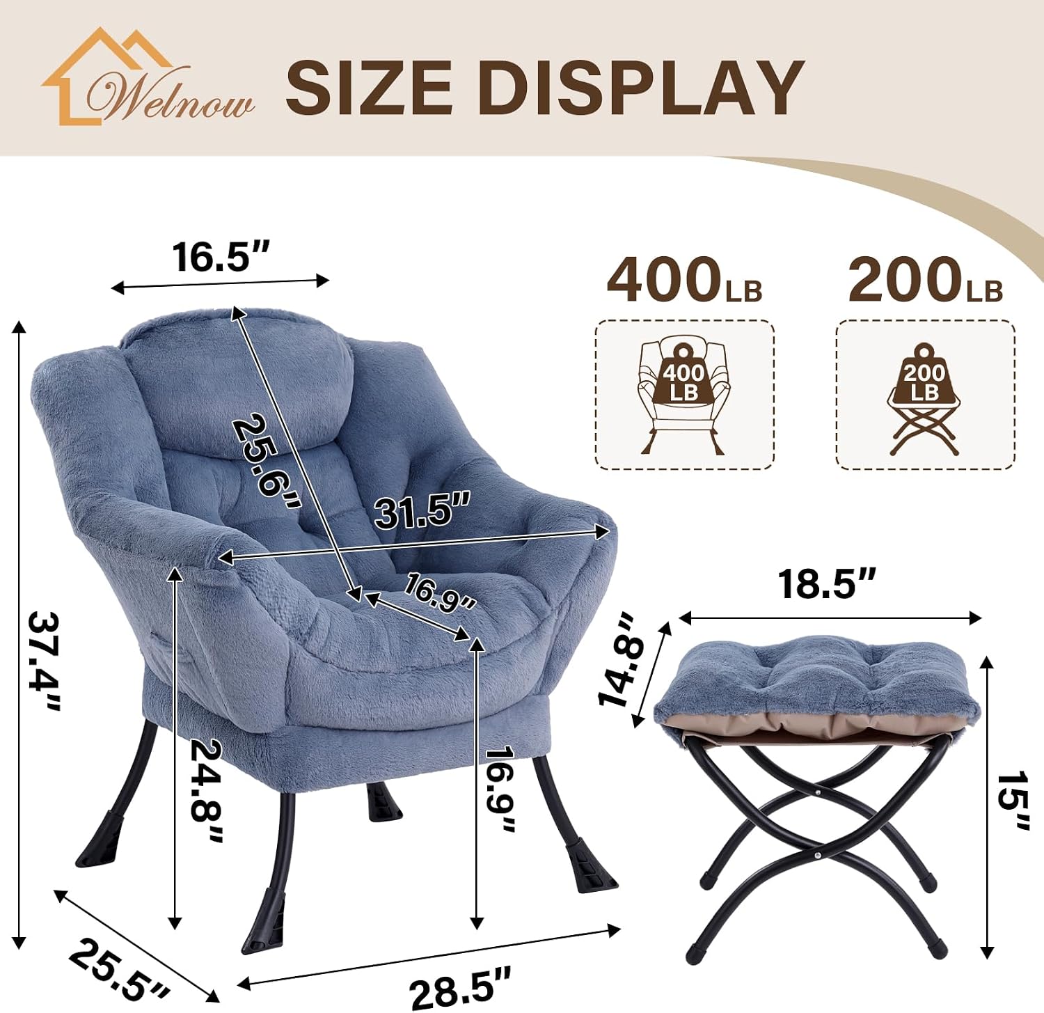 Welnow Lazy Chair with Ottoman, Modern Accent Chair with Armrests and a Side Pocket, Leisure Sofa Armchair Set, Reading Armchair with Footrest for Small Space, Plush Light Blue