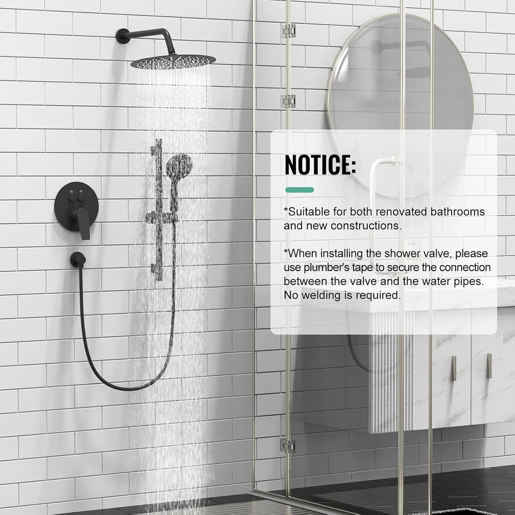 SR SUN RISE Matte Black Shower Faucet Set - 12 Inch Rain Shower Head with Adjustable Slide Bar Combo Set - Wall Mounted Rain Shower System Bathroom (Valve and Trim Kit Included)