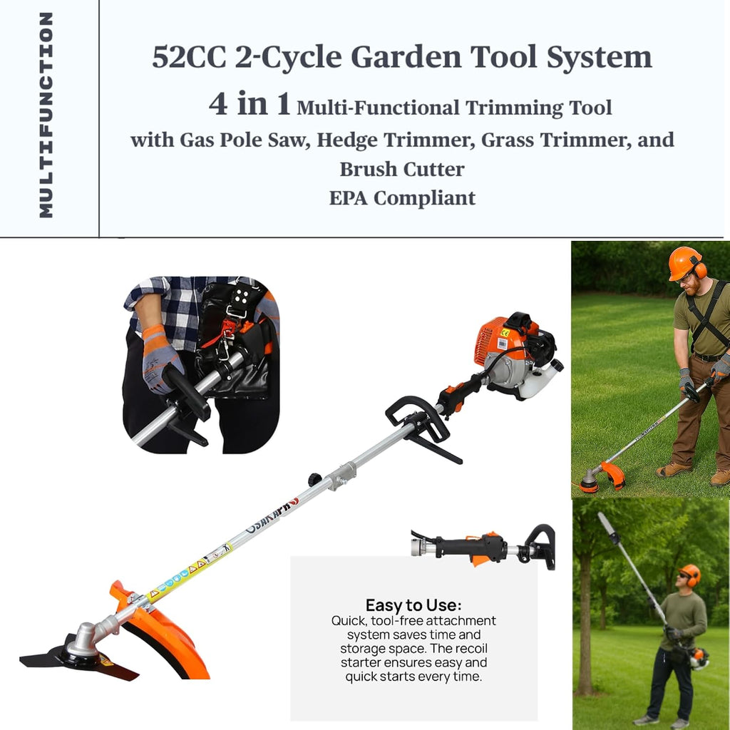 52cc 2-Cycle Gas Multi-Trimmer | 4-in-1 String Trimmer w/Rotatable Pole Saw, Weed Eater Weed Wacker, Brush Cutter & Hedge Trimmer Gas for Lawn, Yard, Garden Care, All-in-one Garden Tool