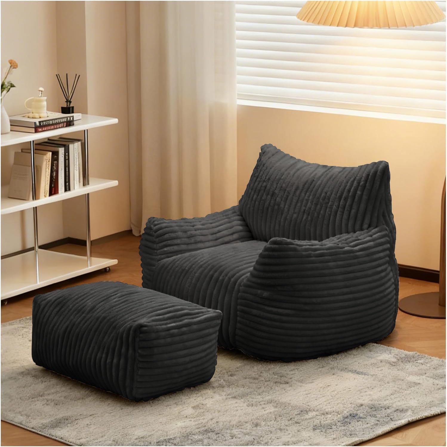 LKD Oversized Bean Bag Chairs for Adults,Bean Bag Chair with arms,Plush Bean Bag,Modern Living Room Decorative Chair,Corner Chair Bedroom,Reading Sofa, Dormitory Lounge Chairs (Black, with Ottoman)