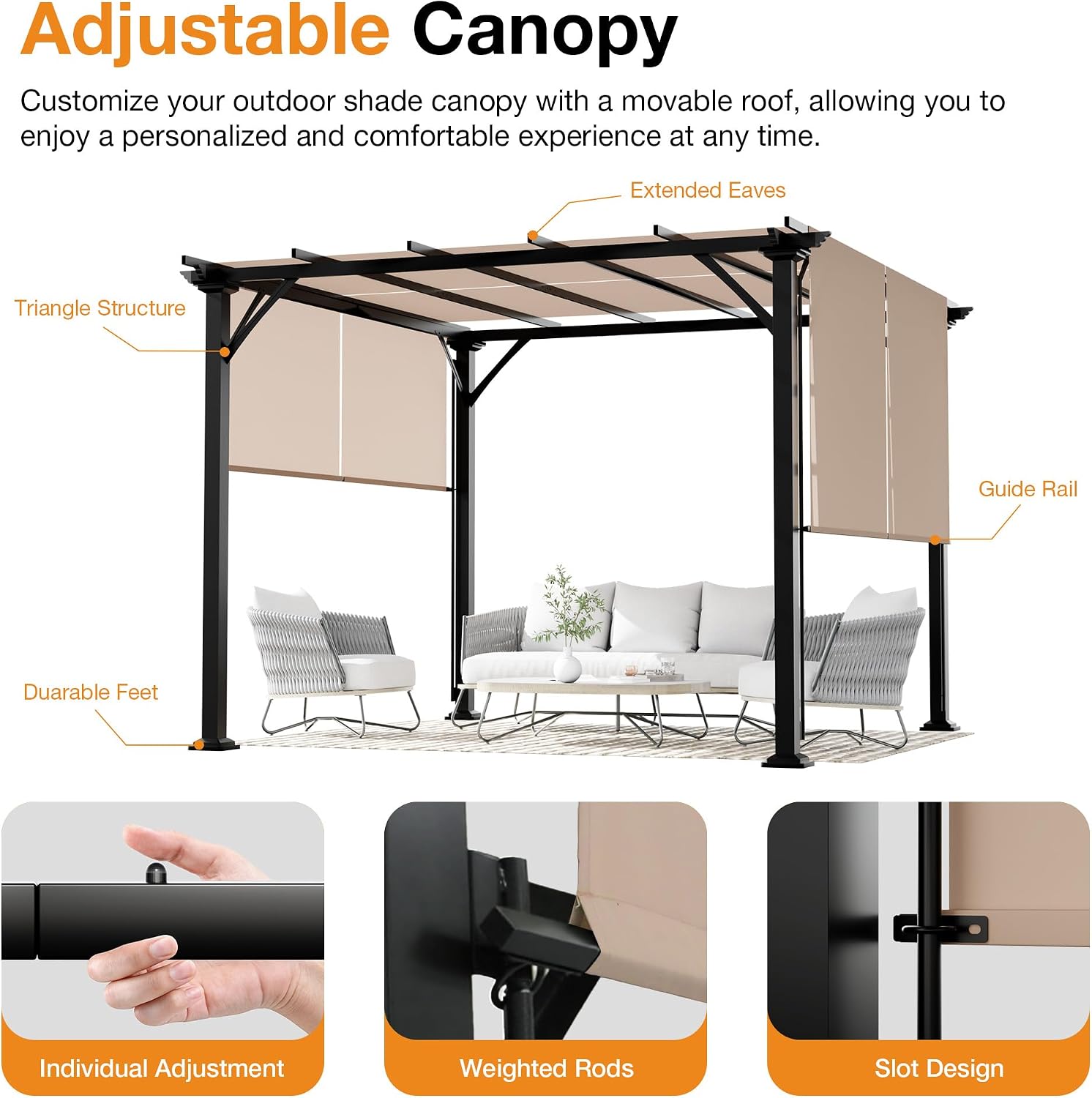 Joyside 10x10 Outdoor Pergola with Retractable Shade Canopy, Heavy-Duty Patio Metal Pergola with 4 Roller Shade Roof for Deck, Garden Use