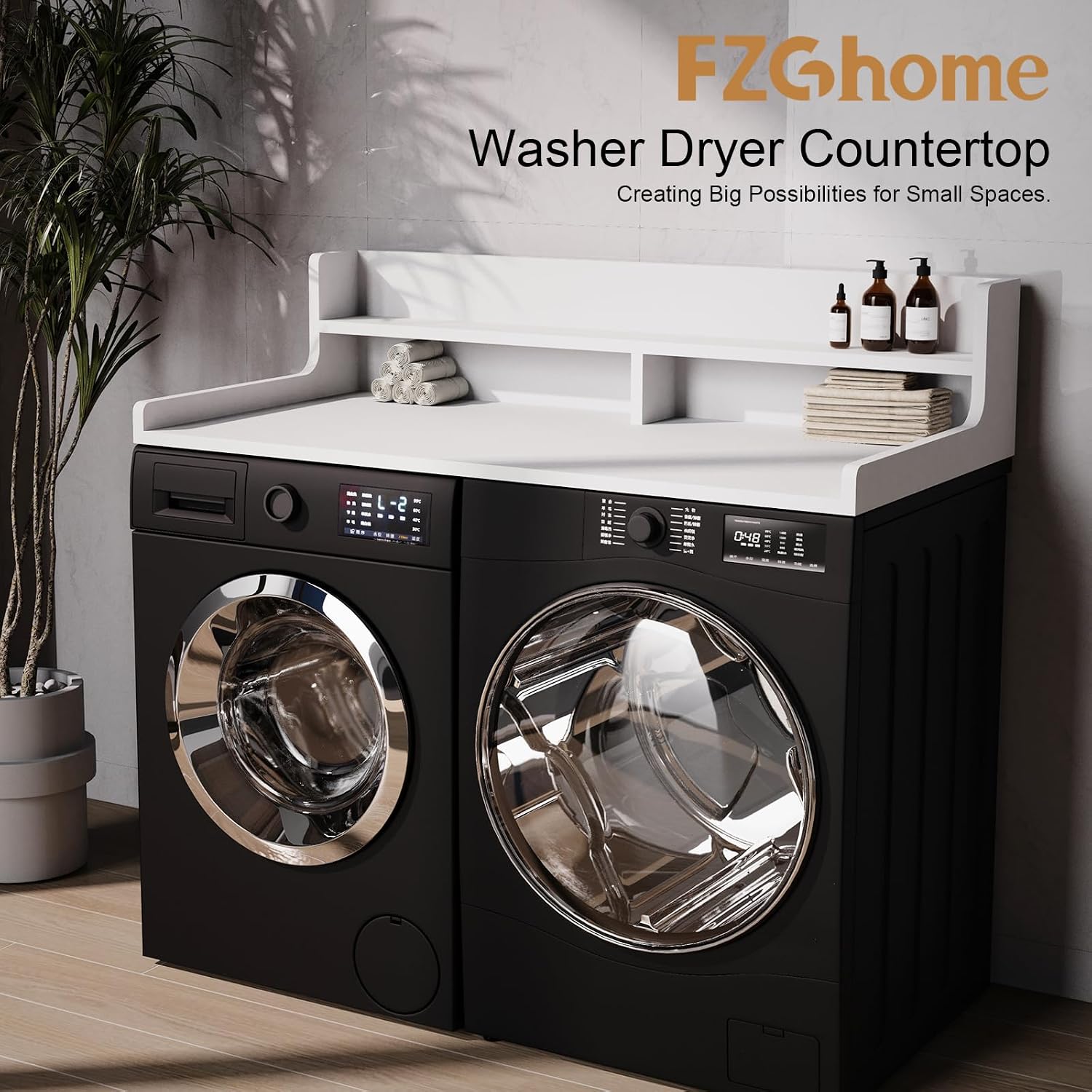 Washer Dryer Countertop, 54' x 27.55' 2-Tier Washer Dryer Topper with Edge, for Laundry Room Organization Whisper White