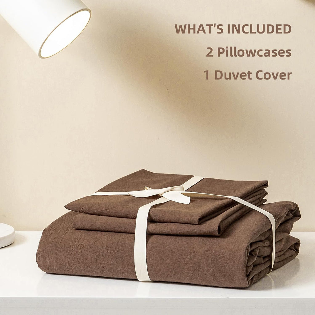 JIYUAN Super King Plus Duvet Cover Set, 3-Piece - 100% Washed Cotton, Linen-Like Soft & Breathable with Zipper Closure, Includes 120x120 Inch Cover & 2 Pillowcases, Solid Chocolate Brown