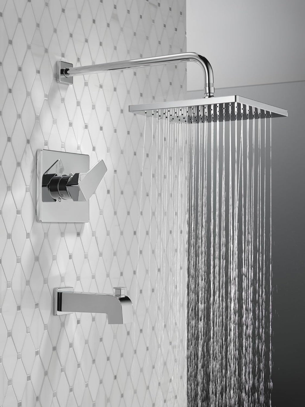 Delta Modern 14 Series Square Rain Bathtub and Shower Faucet Set, Rainfall Chrome Shower Head and Handle Set, Valve Trim Kit, 10 Inch, Chrome T14468-PP (Valve Not Included)