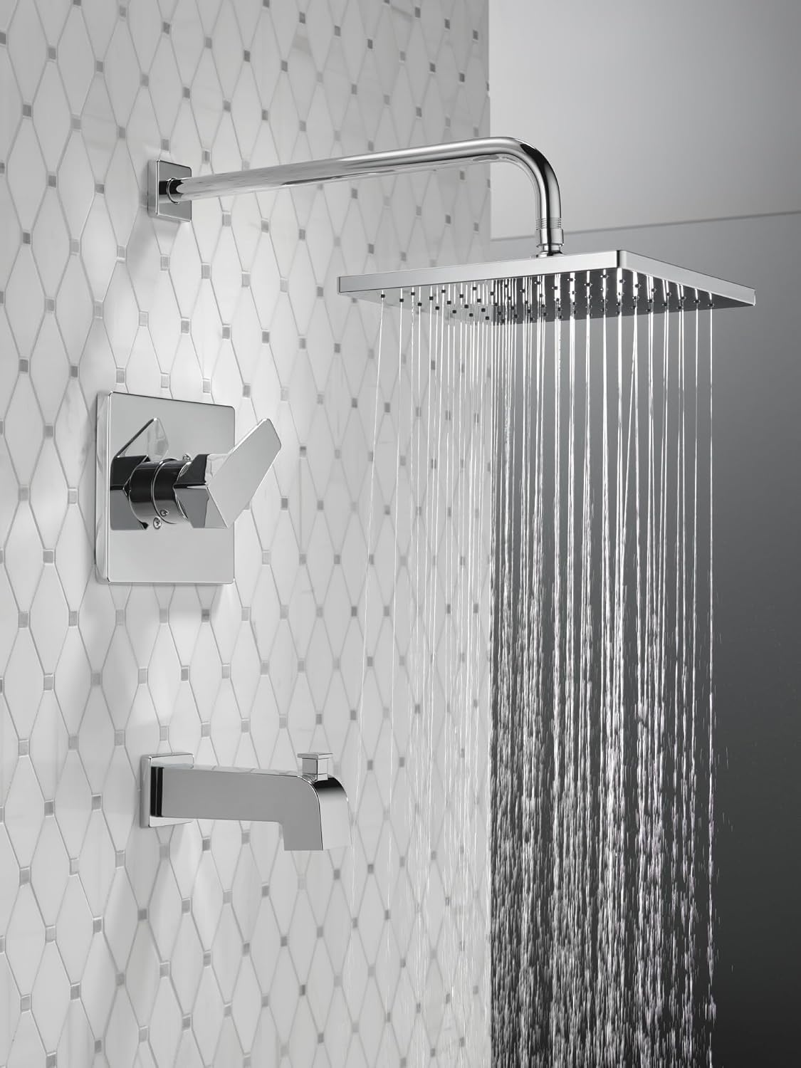 Delta Modern 14 Series Square Rain Bathtub and Shower Faucet Set, Rainfall Chrome Shower Head and Handle Set, Valve Trim Kit, 10 Inch, Chrome T14468-PP (Valve Not Included)