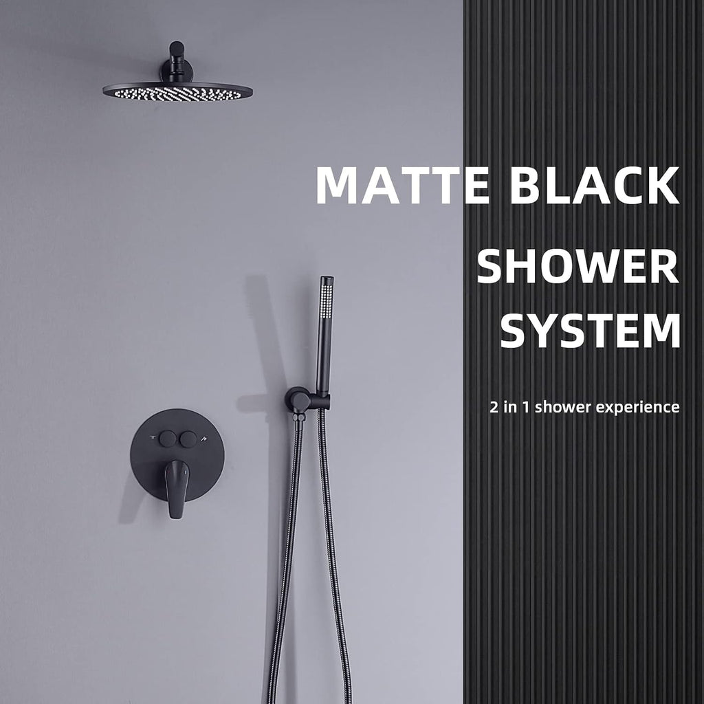 TRUSTMI 10 Inch Matte Black Shower System Push Button Diverter Wall Mounted Round Rainfall and Handheld Shower Trim Kit with Valve (Pressure Balance)