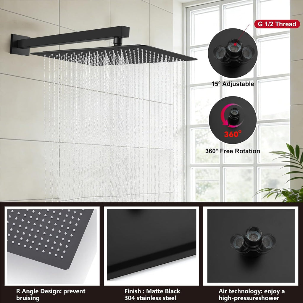 Midanya Shower System with Tub Spout,Bathtub Shower Faucet Set with Square Rainfall Head and Handheld Sprayer Wall Mount Tub Faucet Set with Valve and Trim Kit,16 Inch Matte Black
