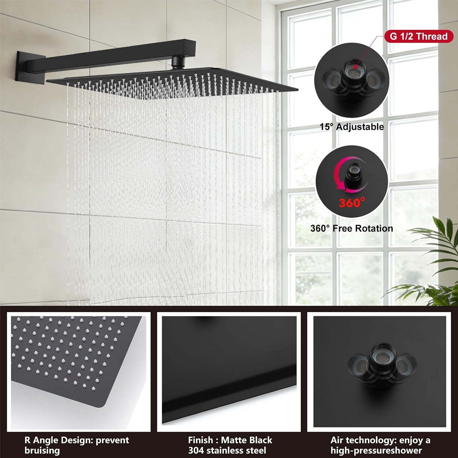 Midanya Shower System with Tub Spout,Bathtub Shower Faucet Set with Square Rainfall Head and Handheld Sprayer Wall Mount Tub Faucet Set with Valve and Trim Kit,16 Inch Matte Black
