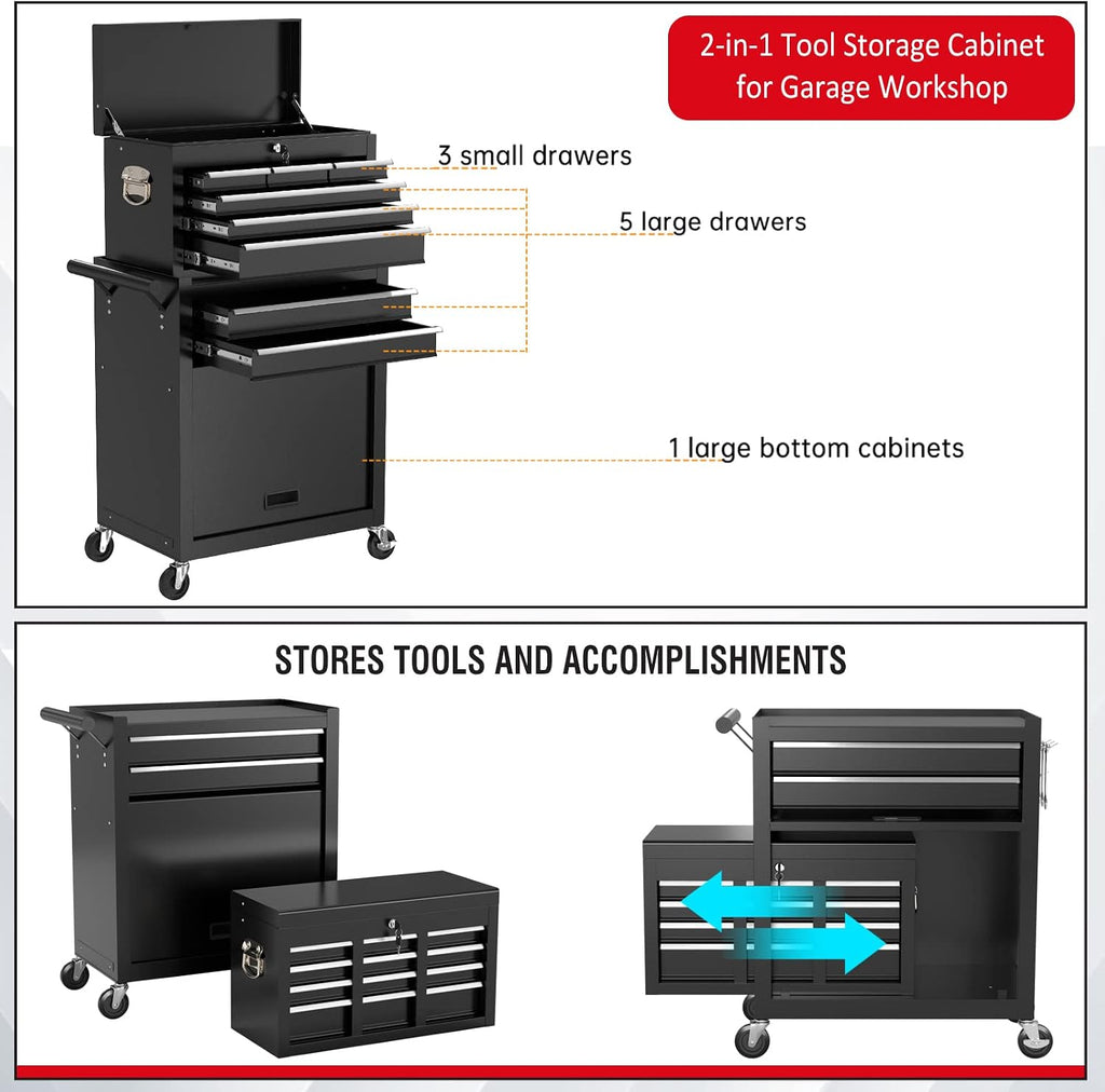 8 Drawers Rolling Tool Chest with Drawers, High Capacity Toolbox on Wheels, Lockable Drawers Tool Box Organization and Storage, Tool Cabinets on Wheels for Garage and Repair Shop(Black)