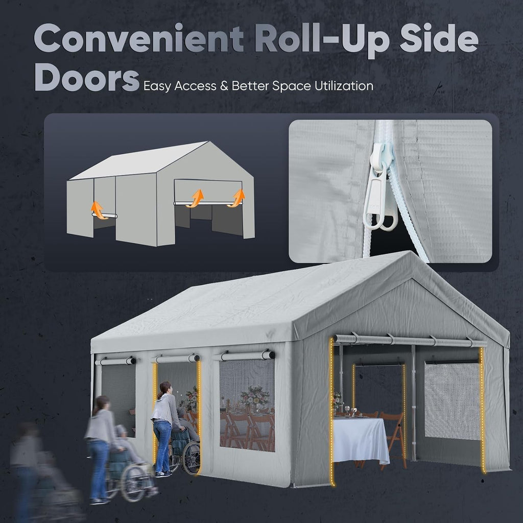 Quictent Heavy Duty 10x20 ft Carports with Side Zipper Doors & Snowproof Steel Cables & Ventilated Windows, Waterproof Storage Shelter for Car, Boat, RV, Outdoor Equipment, Gray