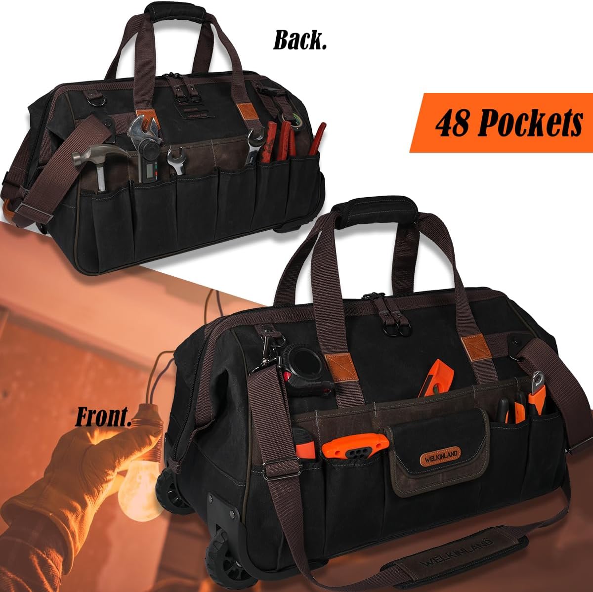 WELKINLAND 48Pockets Tool Bags With Wheels, 22Inch Rolling Tool Bag, Waxed Canvas Tools Bag Rolling Heavy Duty, Large Roll Tote For HVAC, Technician Rolling Tool Bag, Rolling Electrical Tools Bag