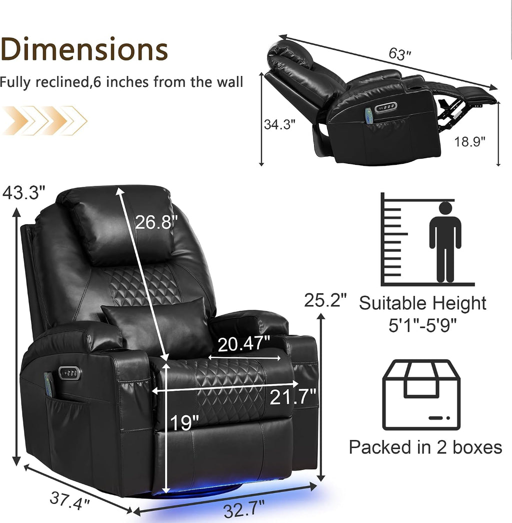 Dual Motor Power Swivel Rocker Recliner Chair with Heat and Massage,Electric Glider Rocking Chairs for Nursery,Theater Seating with LED Lights, USB A/USB C Ports for Living Room (1, Black)