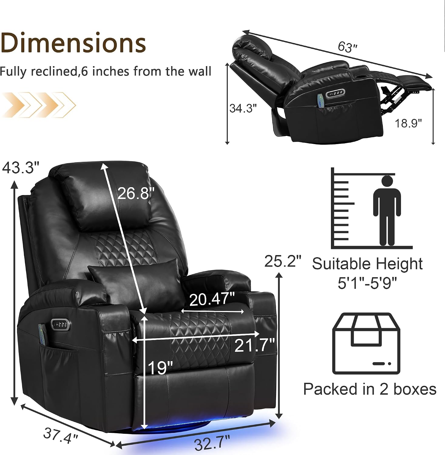 Dual Motor Power Swivel Rocker Recliner Chair with Heat and Massage,Electric Glider Rocking Chairs for Nursery,Theater Seating with LED Lights, USB A/USB C Ports for Living Room (1, Black)