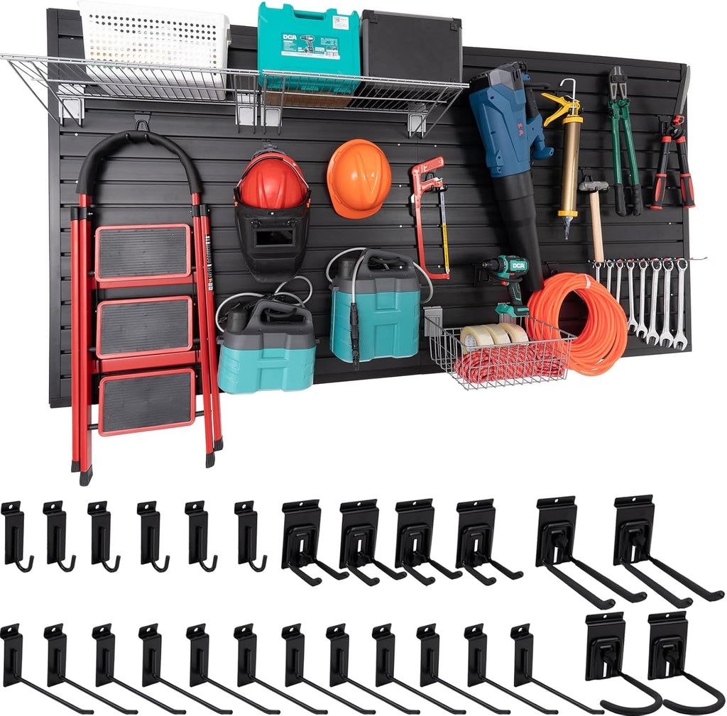 FRAYSCENT Slat Wall Paneling Garage Slat Wall Storage Systems Slatwall Panels Power Tool Organizer Wall Mount, PVC Garage Storage & Organization Products Slate Board (Black, 4ft x 8ft with 26 Hooks)