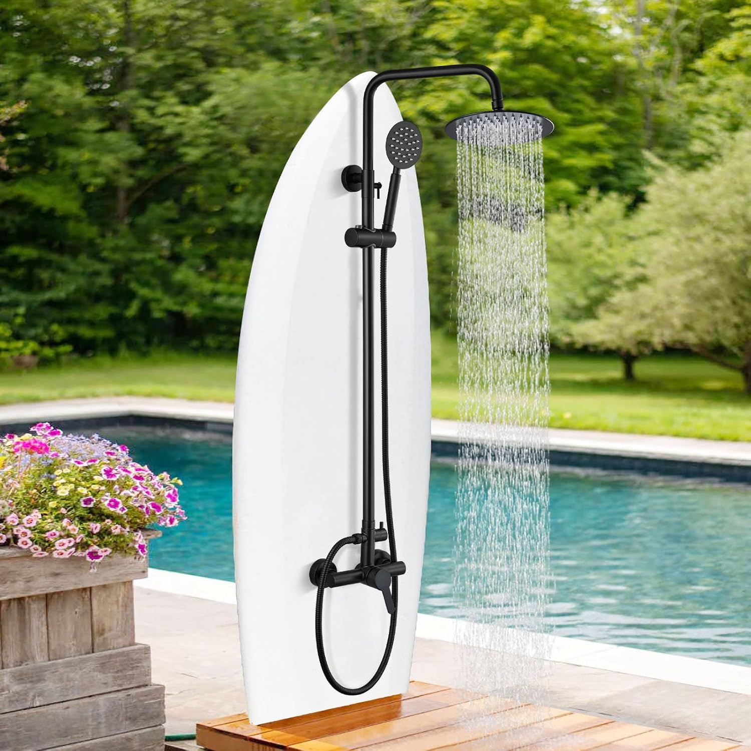 gotonovo SUS304 Outdoor Shower Fixtures High Pressure Rainfall Shower System Combo Wall Mount 2 Dual Function 8 Inch Shower Head and Round Handheld Spray Single Handle Shower Faucet Set Matte Black