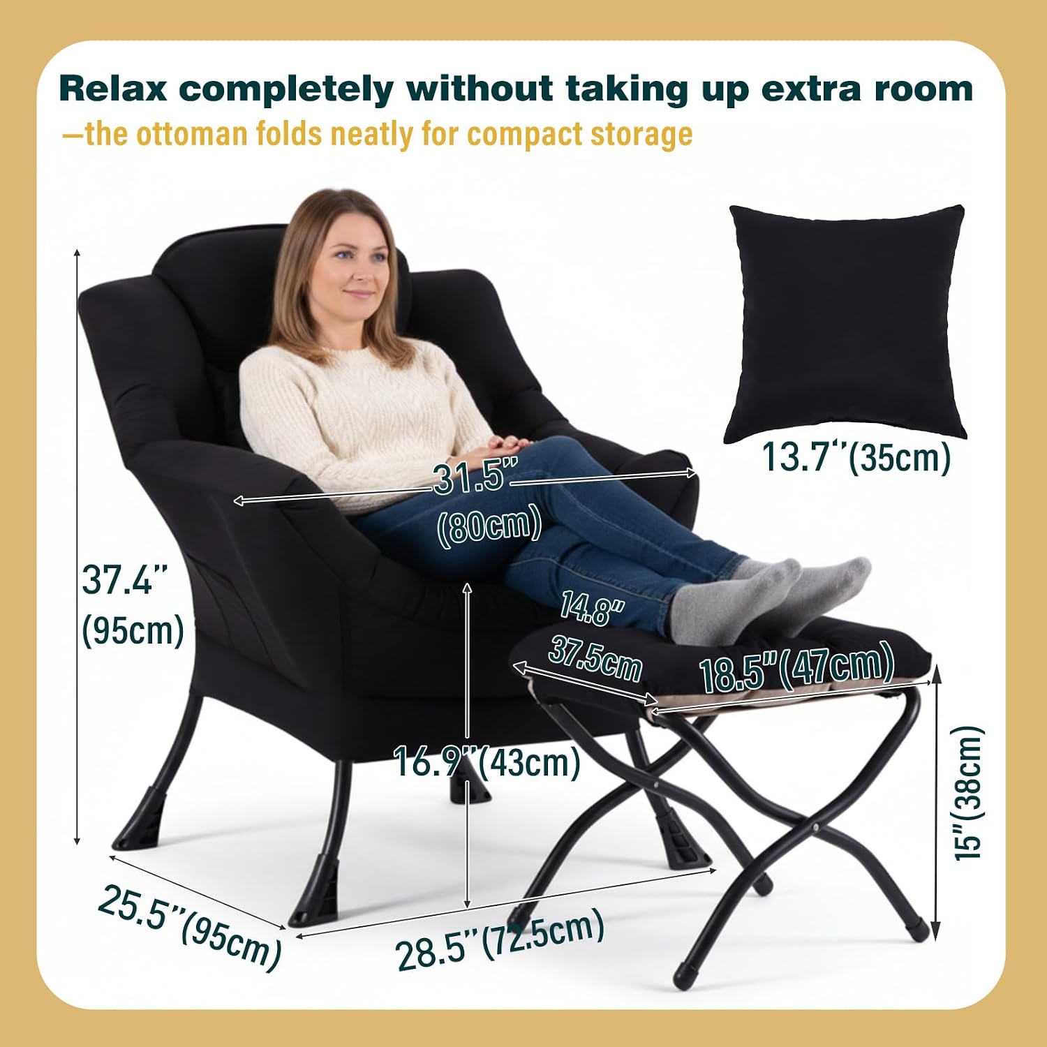Lazy Chair with Ottoman, Large Accent Chair with Ottoman and a Throw Pillow, Black Reading Chair for Living Room Bedroom Dorm Room Office Apartment Relaxing Use