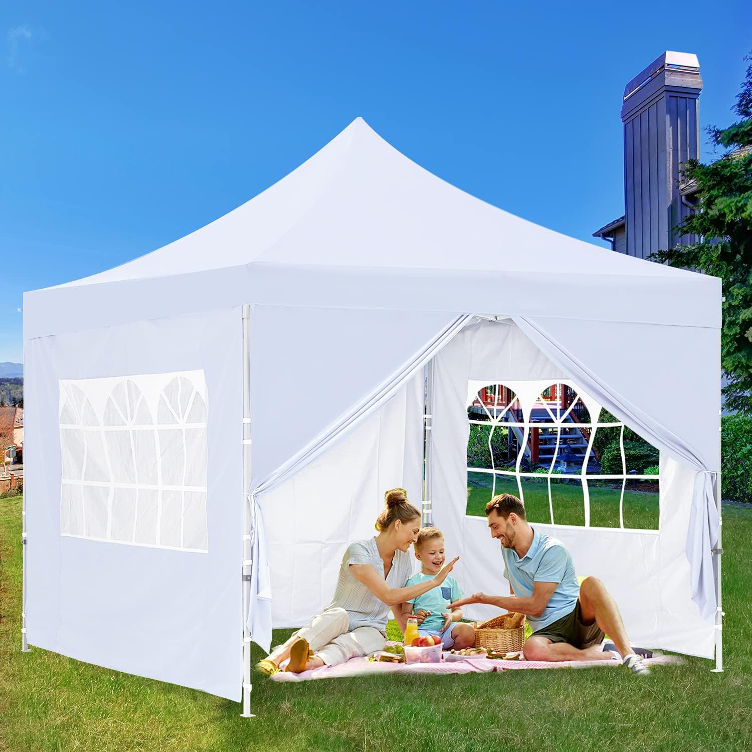 GDY 10x10 Ft Outdoor Pop Up Canopy Tent, Commercial Portable Instant Folding Shelter Gazebos Waterproof Canopies with Carrying Bag, (White)