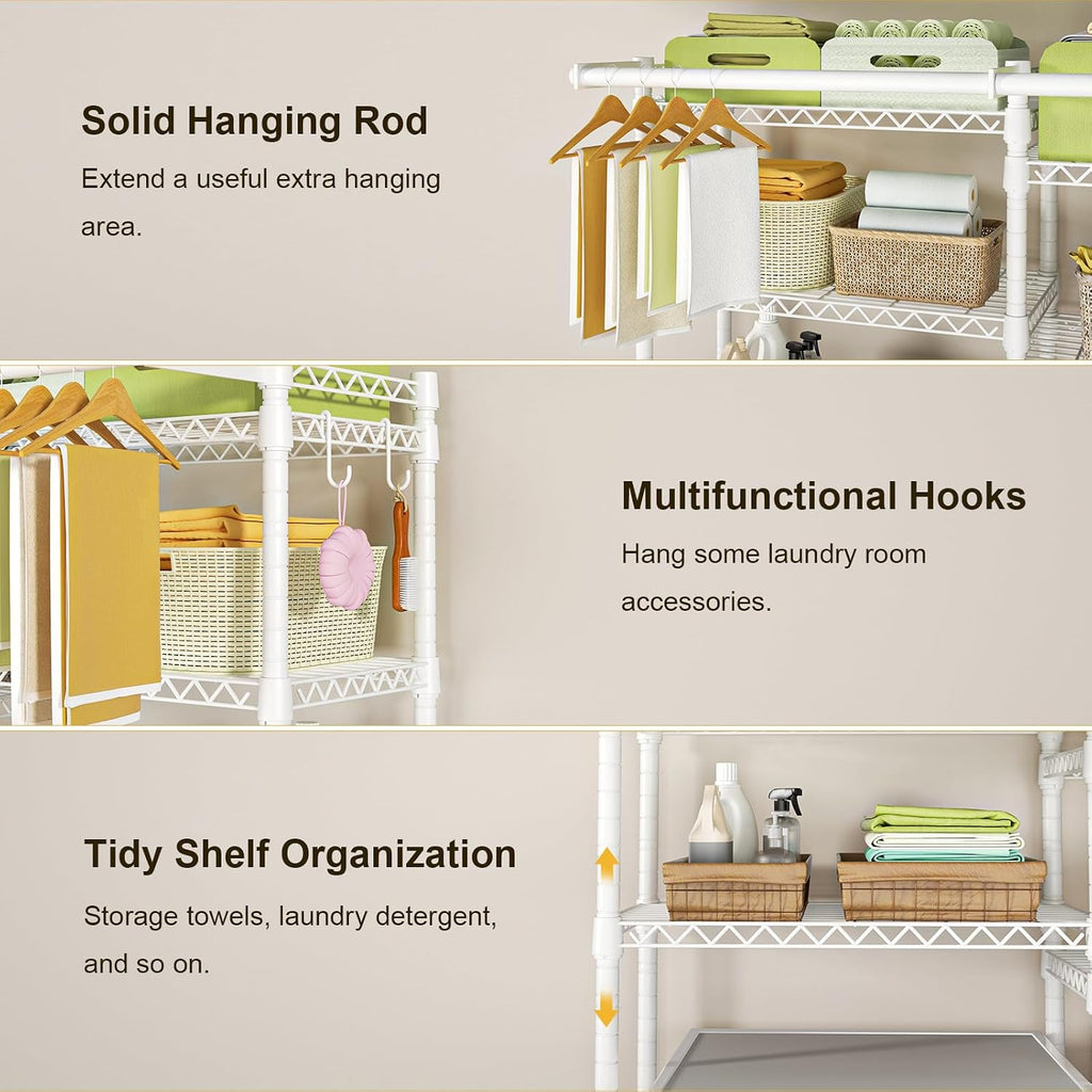 Ulif U13 Medium Over Washer and Dryer Storage Shelves, 6 Tiers Laundry Room Standing Shelf with 2 Hanger Rods, Space Saver Clothes Drying Rack, 57.8' W x 22' D x 77.4' H, White