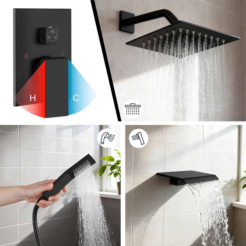 Midanya Shower System with Tub Spout,Bathtub Shower Faucet Set with Square Rainfall Head and Handheld Sprayer Wall Mount Tub Faucet Set with Valve and Trim Kit,8 Inch Matte Black