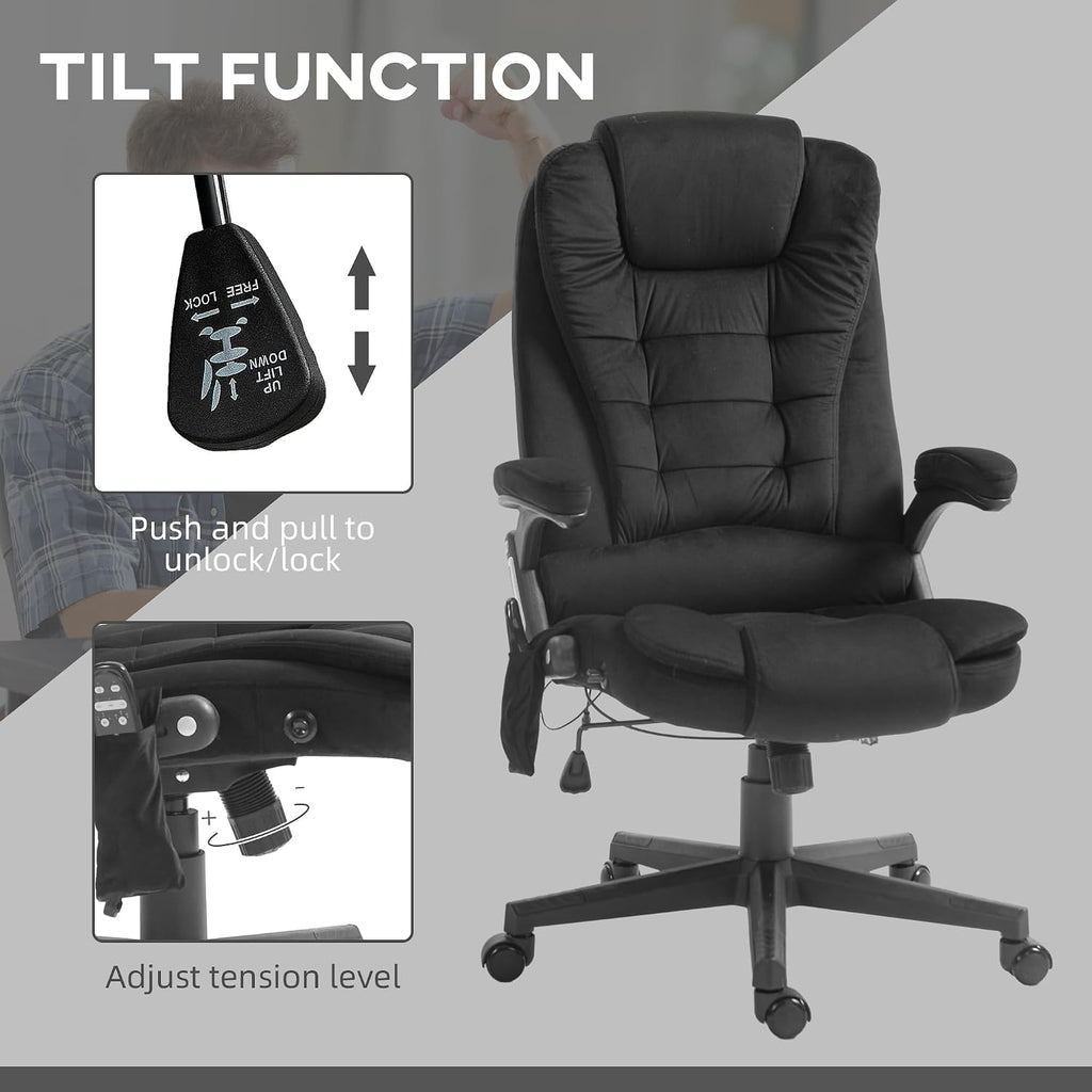 HOMCOM Executive Office Chair with 6 Points Vibration Massage and Heated Lumbar Support, Velvet High Back Computer Chair with Reclining Backrest, Tilt Function and Padded Armrests, Black