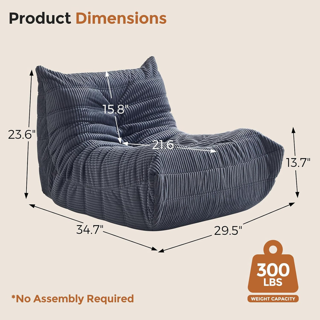 Bean Bag Chairs for Adults Teens Kids, Fireside Chair Bean Bag Lounger with Memory Foam Filled, Bean Bag Sofa for Living Room, Dorms, Apartments, Reading Corner (Grey Corduroy)