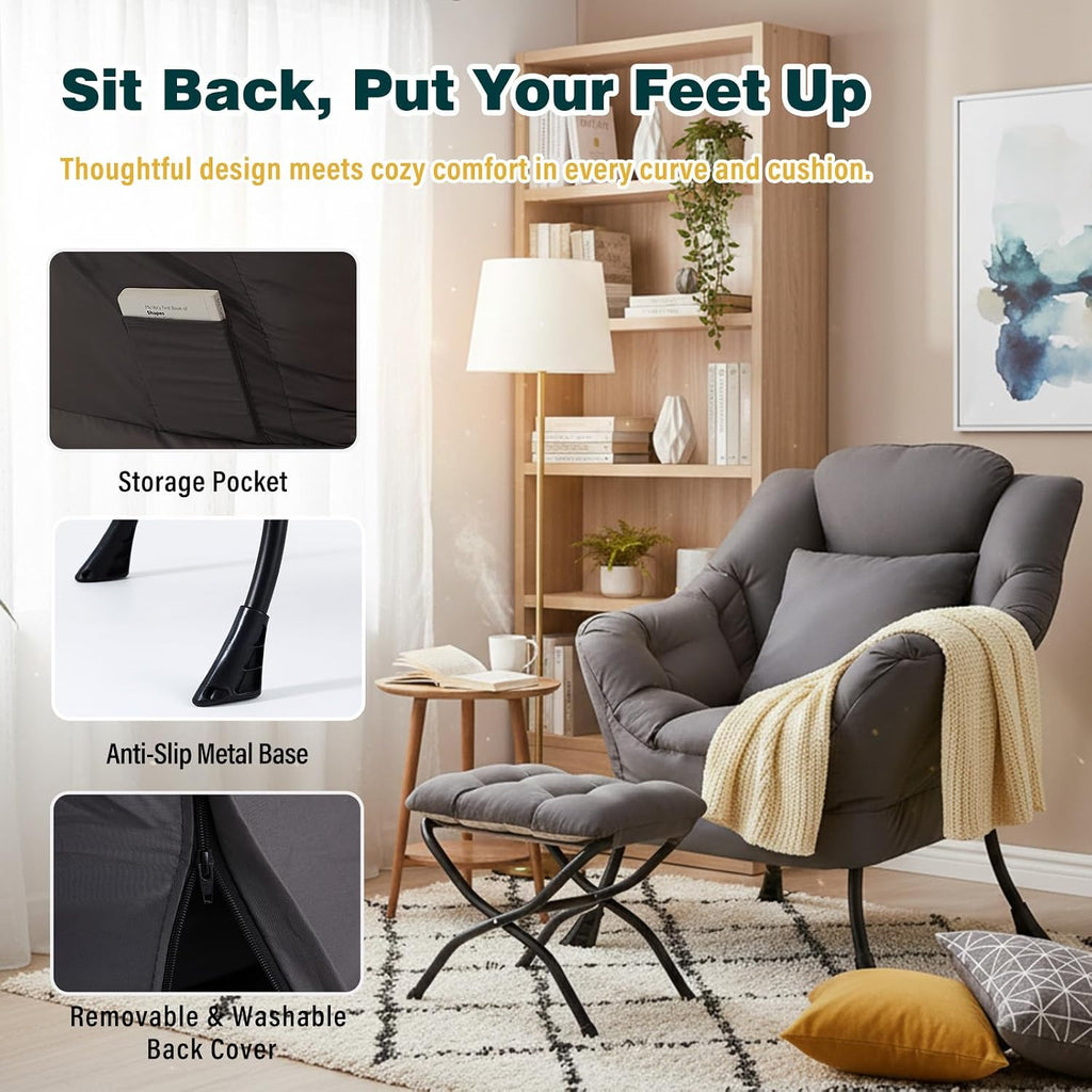 Lazy Chair with Ottoman, Large Accent Chair with Ottoman and a Throw Pillow, Dark Grey Reading Chair for Living Room Bedroom Dorm Room Office Apartment Relaxing Use