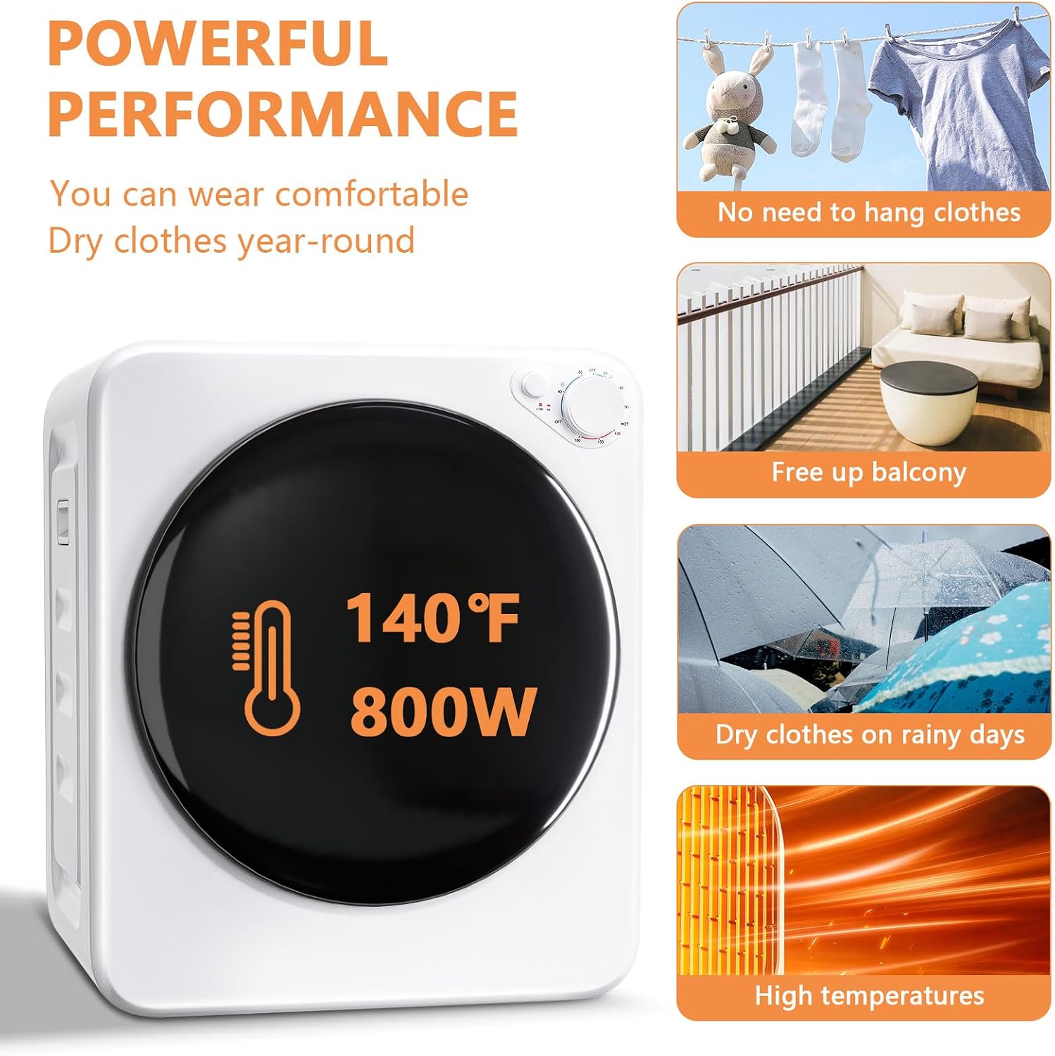 DOGHLY 120V Portable Electric Clothes Dryer, 800W Compact Laundry Dryer, Easy Control, 1.8 Cu.Ft Front Load Stainless Steel Electric Dryers Machine with Simple Control Knob for Apartment, RV, Dorm